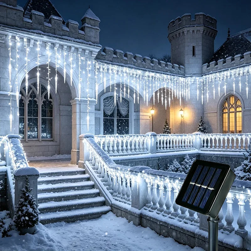 9M 162LEDs Solar Curtain Icicle Light Outdoor Eaves Decor String Lights Garden Party Yard Christmas Decoration Holiday Garlands
