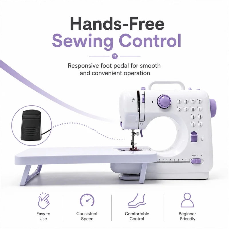 A sewing machine suitable for beginners, with an extension table, comes with an 11-foot presser set, has 12 stitch patterns