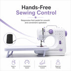 A sewing machine suitable for beginners, with an extension table, comes with an 11-foot presser set, has 12 stitch patterns