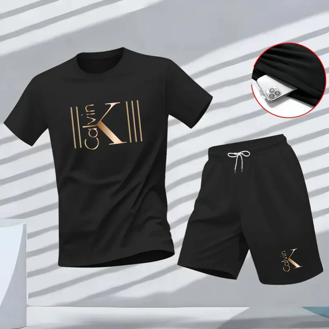 New summer fitness sportswear for men, short-sleeved T-shirt and shorts two-piece set, breathable and quick-drying casual wear.