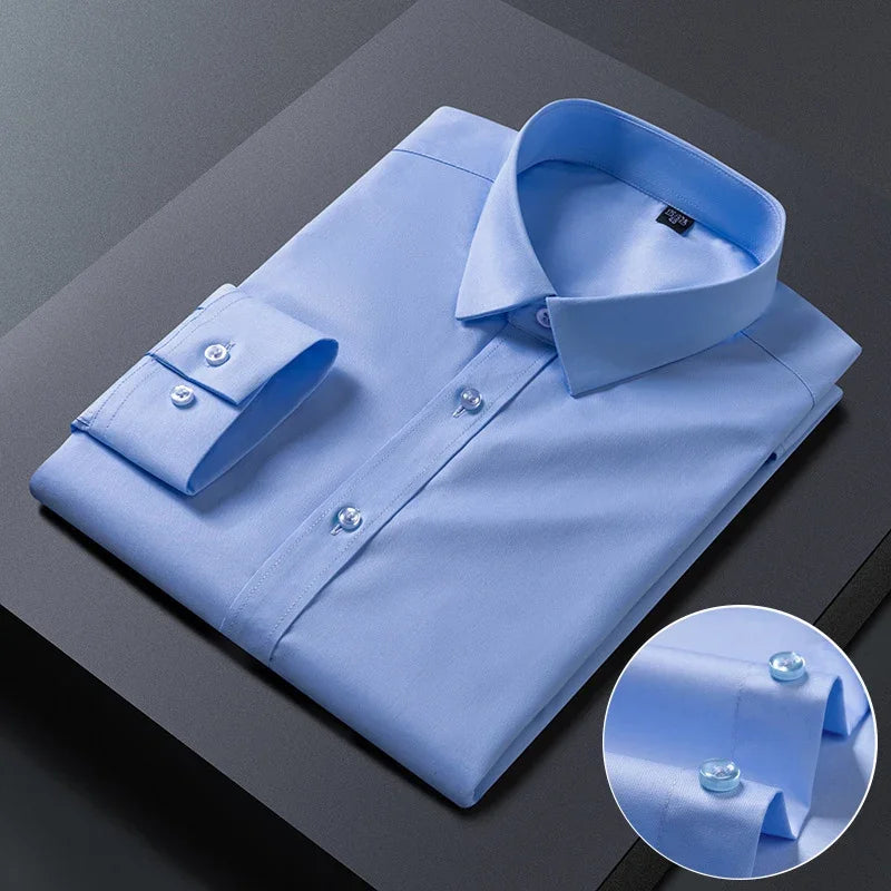 Spring Autumn Men Long Sleeve Shirts Business Casual Wrinkle Resistant Solid Color Formal Dress Slim Fit Work Social Shirt S-8XL