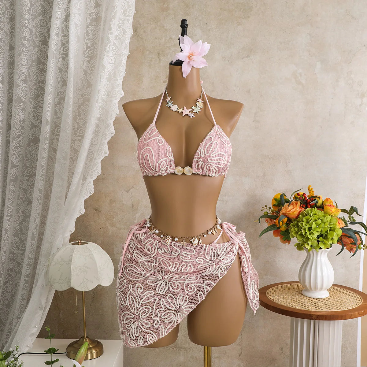 Women 3 Piece Floral Embroidered Bikini Set Halter Triangle Top with Shell Decor and Mesh Sarong Cover Up, 4 Colors Available