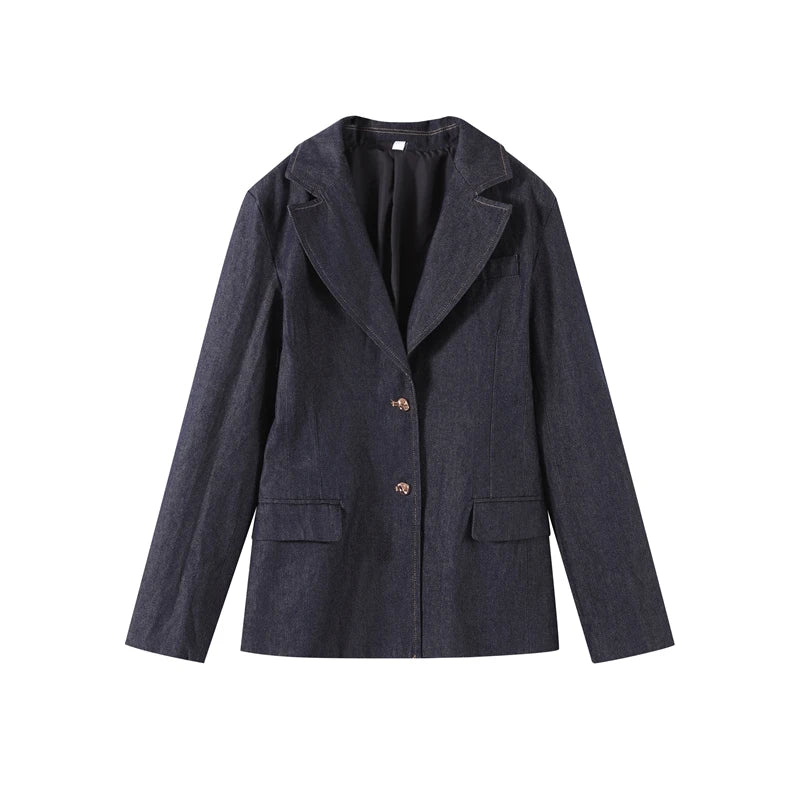 Denim Blazer Coat Tube Top Pants Sets 3 Pieces Women 2025 Spring Notched Button Up Suits Jacket Vest Wide Leg Trousers Suits