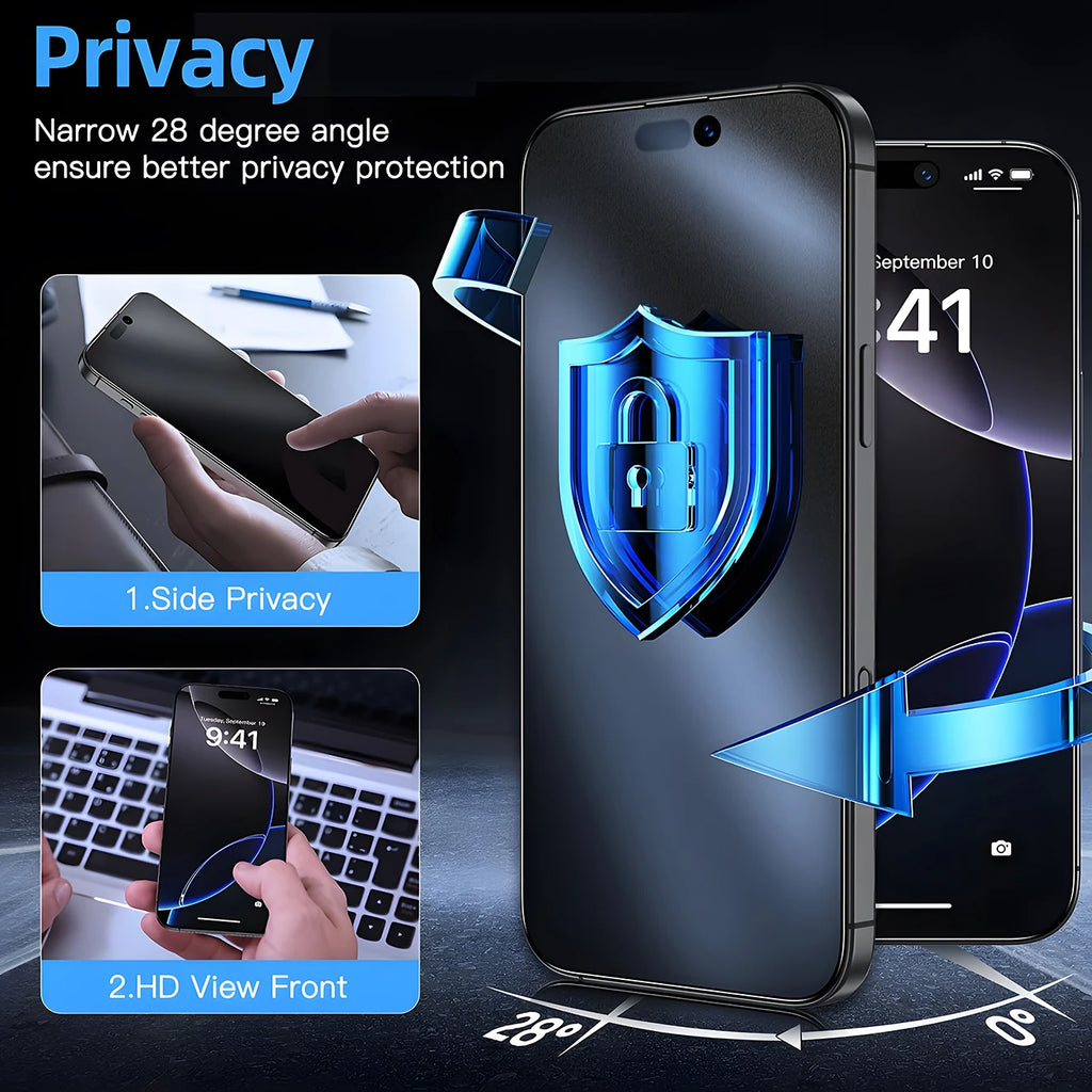 3-1Pcs Dust Free Installation Privacy Screen Protector For iPhone 16 14 13 12 11 15 17 Pro Max Anti-spy Glass Screen Protector