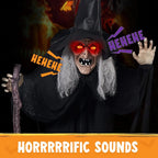 72" Animatronics Witch Outdoor Halloween Decorations with Cane Life Size Animated Ghost Haunted House Prop Décor with Creepy Sound and Light-up Eyes, Party Supplies