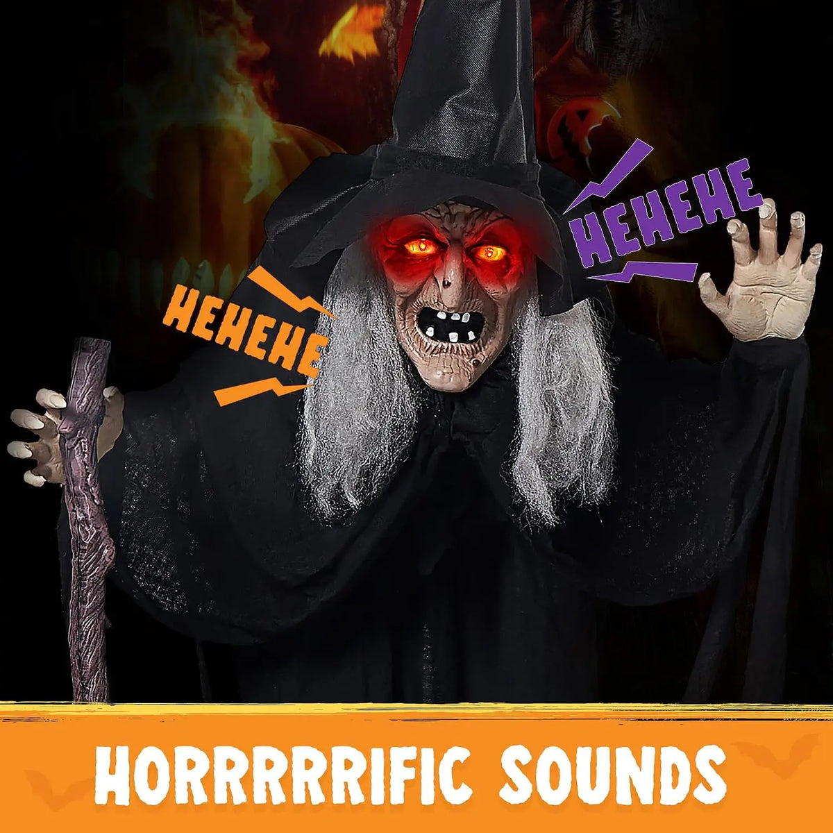72" Animatronics Witch Outdoor Halloween Decorations with Cane Life Size Animated Ghost Haunted House Prop Décor with Creepy Sound and Light-up Eyes, Party Supplies