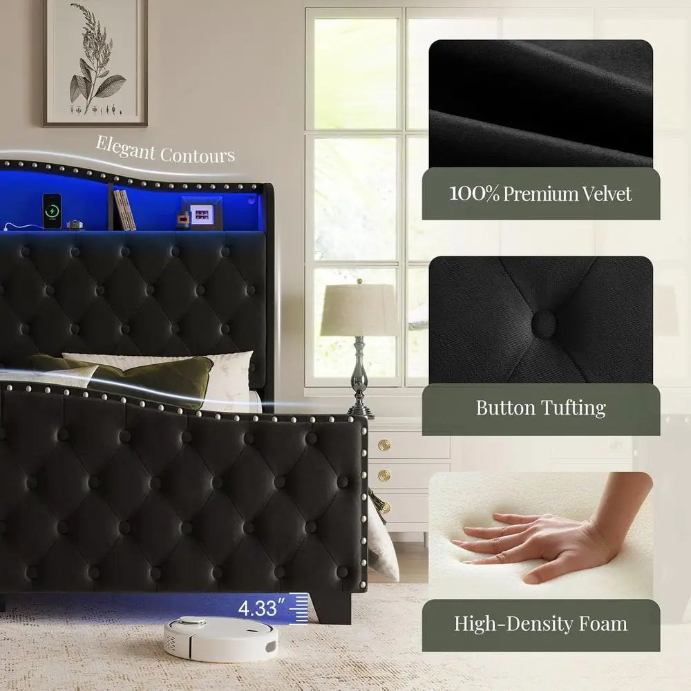 Belin King Size Bed e and board, 50.9" Velvet Upholstered Wingback Bede with LED Lights & Storage/Charging Station, Button Tuted