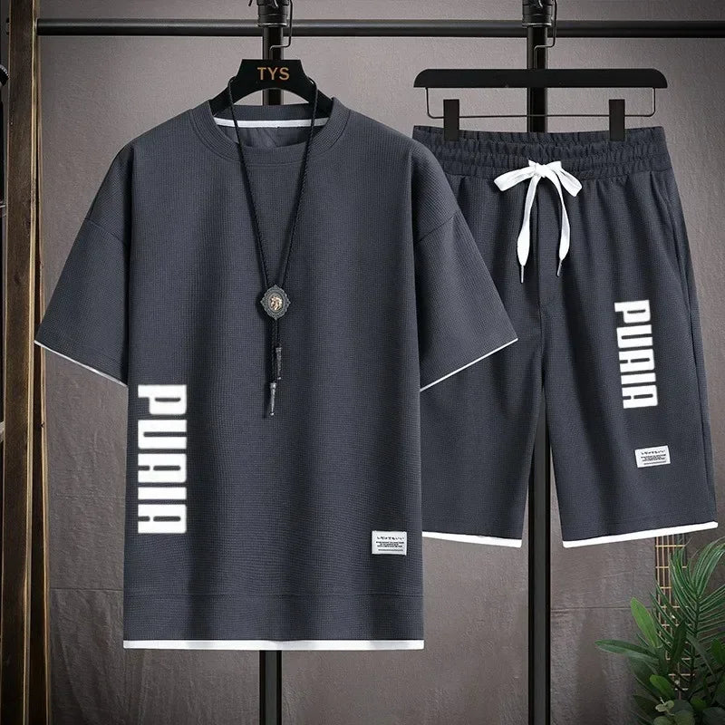 2026 New Men's T-shirt and Shorts Set 2-in-1 Summer Breathable Casual T-shirt Running Fashion Element Printed Men's Sports Set