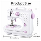 A sewing machine suitable for beginners, with an extension table, comes with an 11-foot presser set, has 12 stitch patterns