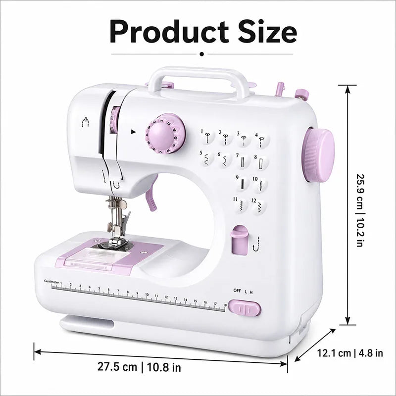 A sewing machine suitable for beginners, with an extension table, comes with an 11-foot presser set, has 12 stitch patterns