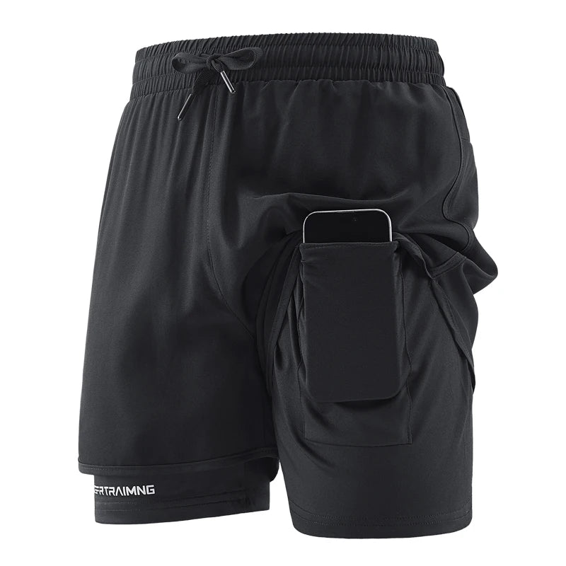 Men's Double Layer Fitness Shorts Men Fitness Gym Training 2 in 1 Sports Shorts Quick Dry Workout Jogging Double Deck Summer