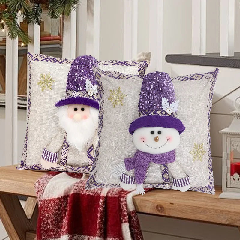 Cute Cartoon Christmas Cushion Cover Purple Sequin Santa Hat Pillowcase 3D Christmas Snowman Santa Claus Reindeer Pillowcase
