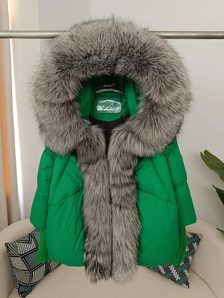 2024 Winter Puffer Jacket Women Real Fox Fur Collar Hooded Natural Thick Warm Loose Oversize Duck Down Coat Streetwear Outerwear