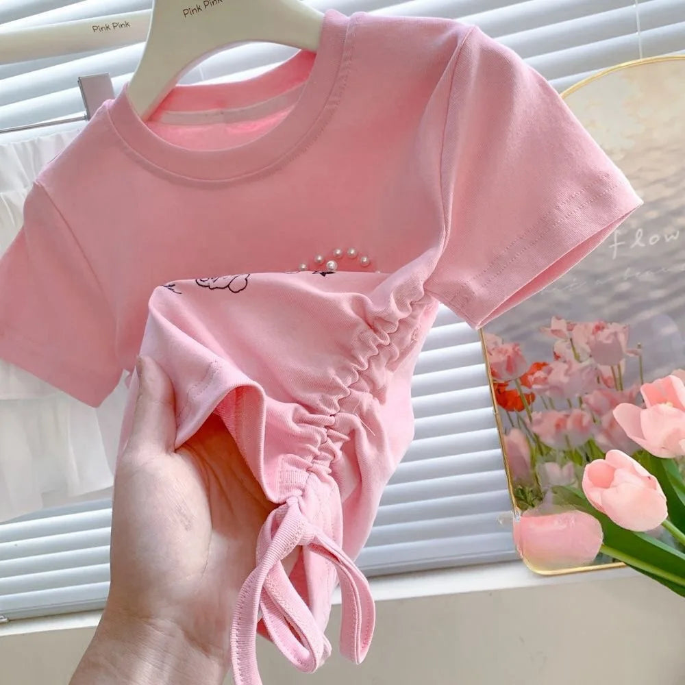 Summer Short Sleeved T-shirt Girls Fashionable Drawstring Top 3-8 Years Old Girl Pearl Love Sweet Cartoon Print Pullover