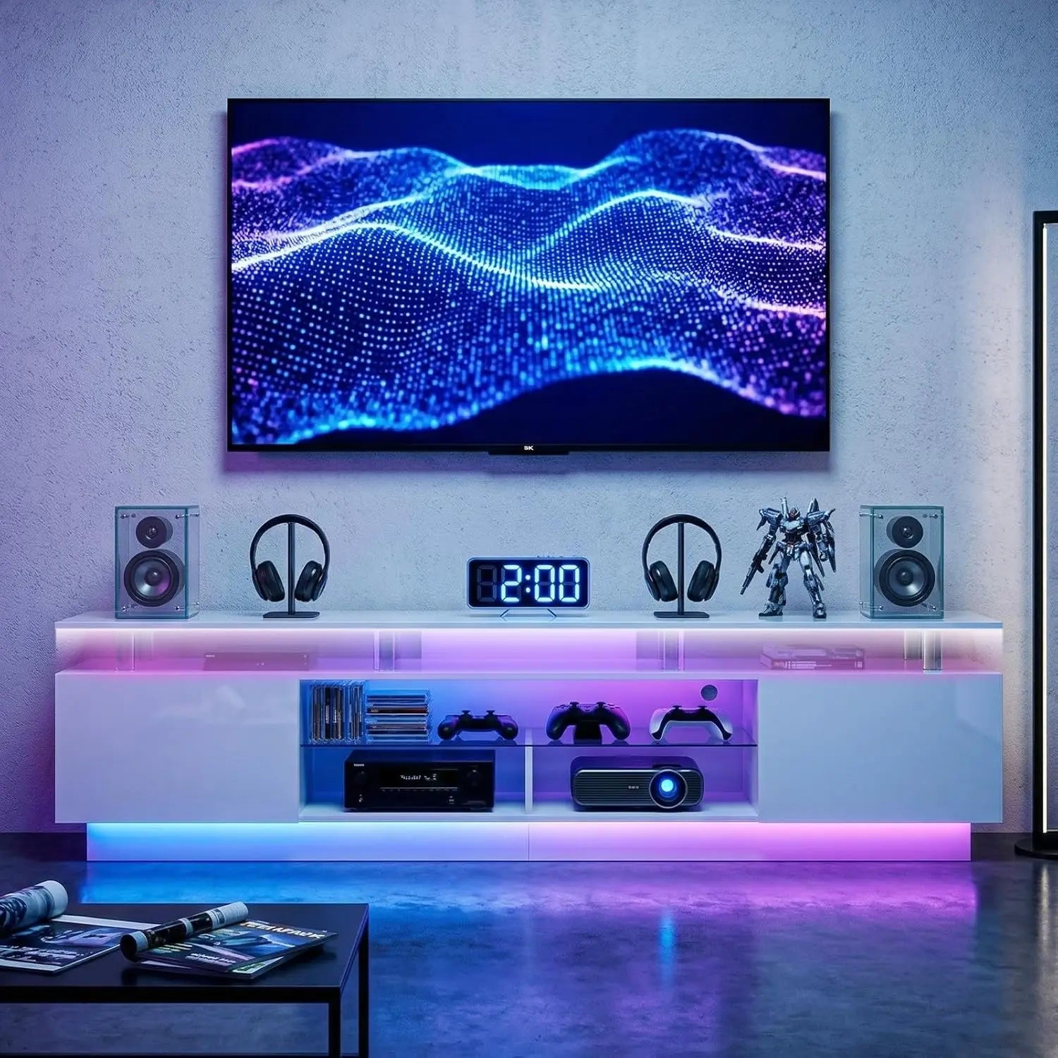 70 inch Modern TV Stand with Electric Fireplace for TVs up to 80 inches White Living Room Media Console Entertainment Center