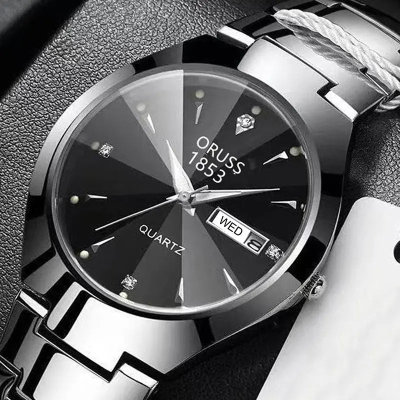 ORUSS Couple Watch Waterproof Casual Fashion Women Men Quartz Watches Ladies Stainless Date Week Men Clock Lover's Date Gift