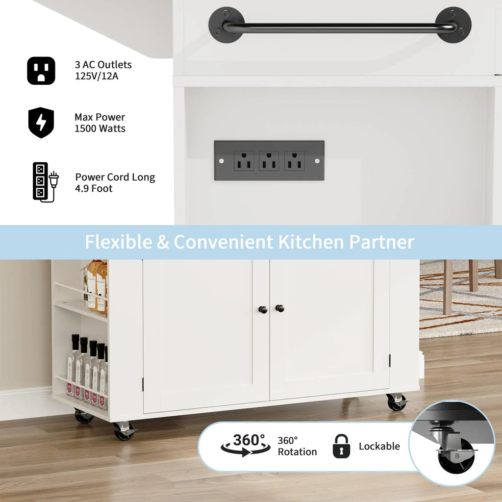 47.2 Inch Rolling Kitchen Island With Drop Leaf, Charging Station, Locking Wheels, Pull-Out Shelves, Drawers, Spice Rack & Storage