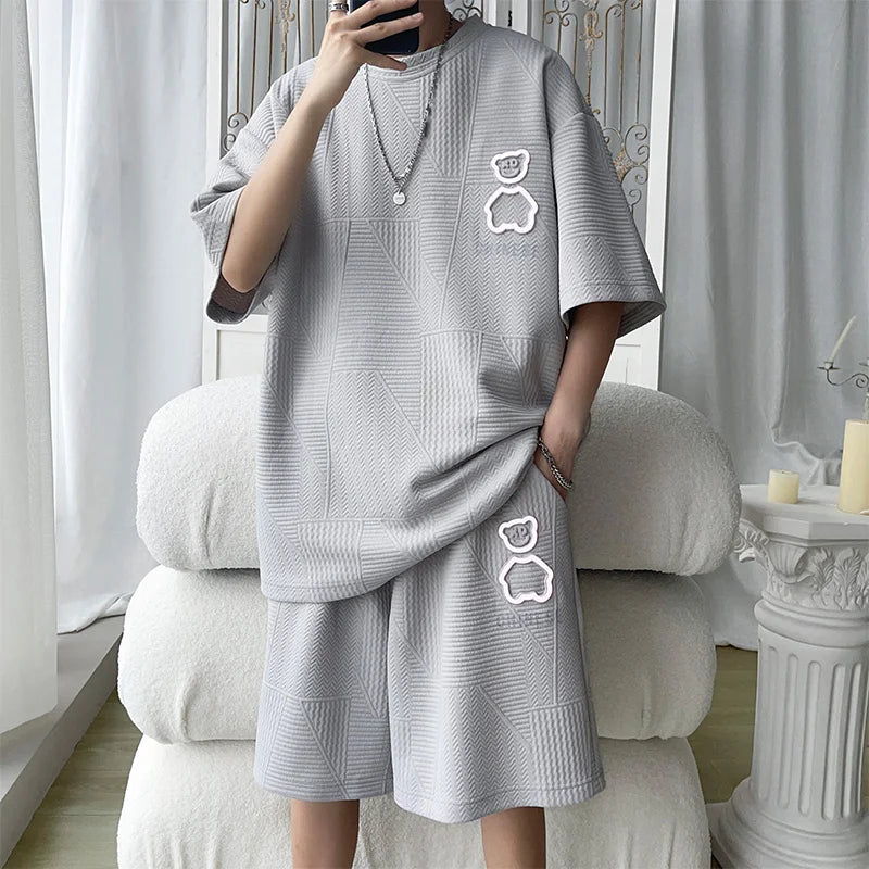 Casual Sportswear Set for Men Short Sleeve Five-Piece Pants Polyester Fiber Summer Collection Big Size T-Shirt And Shorts