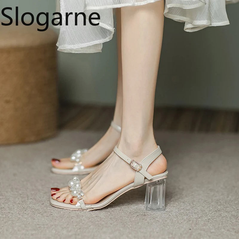 Summer Fahsion Sandals Women 2026 New Pearl High Heels Slippers Girls Crystal Heel Summer Shoes Trendy Slides Transparent Sandal