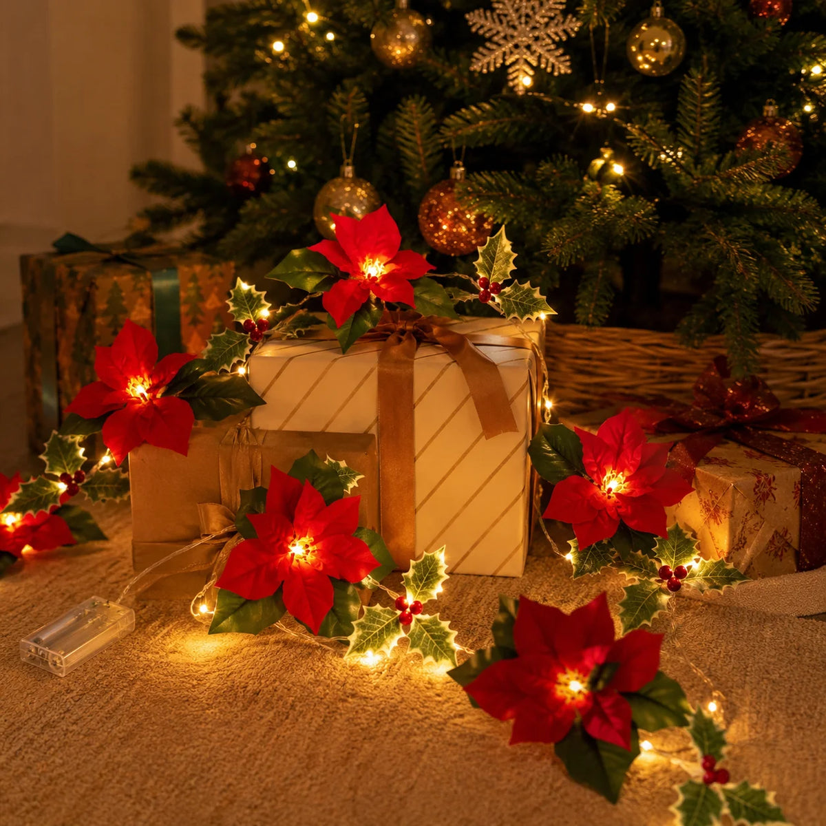 1pc 10/20 LED Christmas Artificial Flower and Red Berry String Light Battery Powered Fairy Lamp For Home Bedroom Christmas Decor