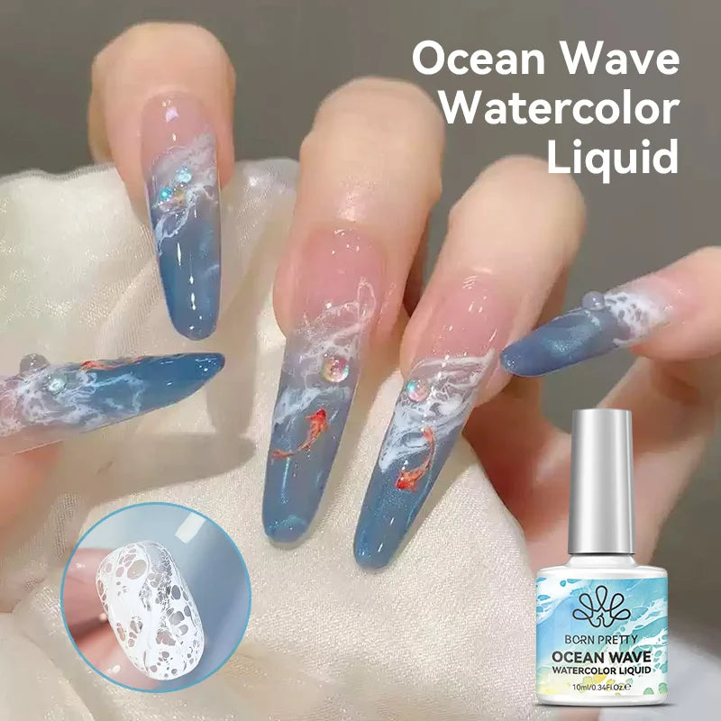 BORN PRETTY 10ml  Ocean Wave Watercolor Liquid Gel Polish White Blossoming 3 Seconds Spread Stroke Wave Bubble Nail Art Design