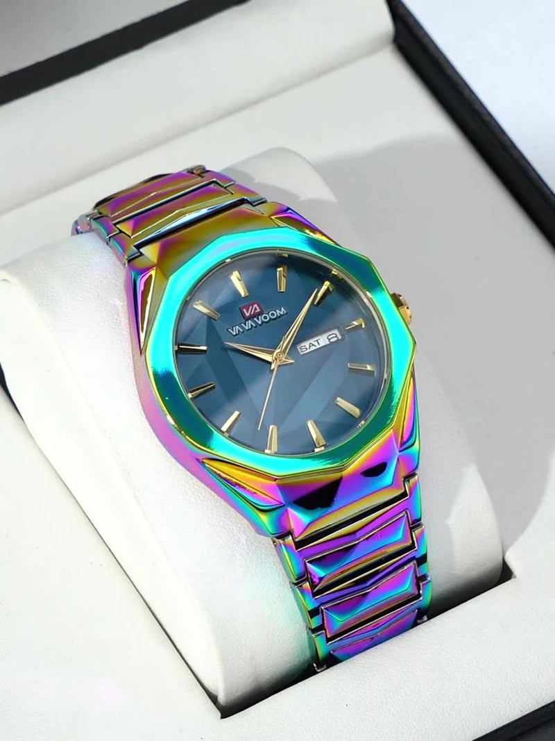 Men's Watch Business And Leisure Dual Calendar Waterproof Stainless Steel Strap Color Changing Dial Quartz Watch Clock Gift