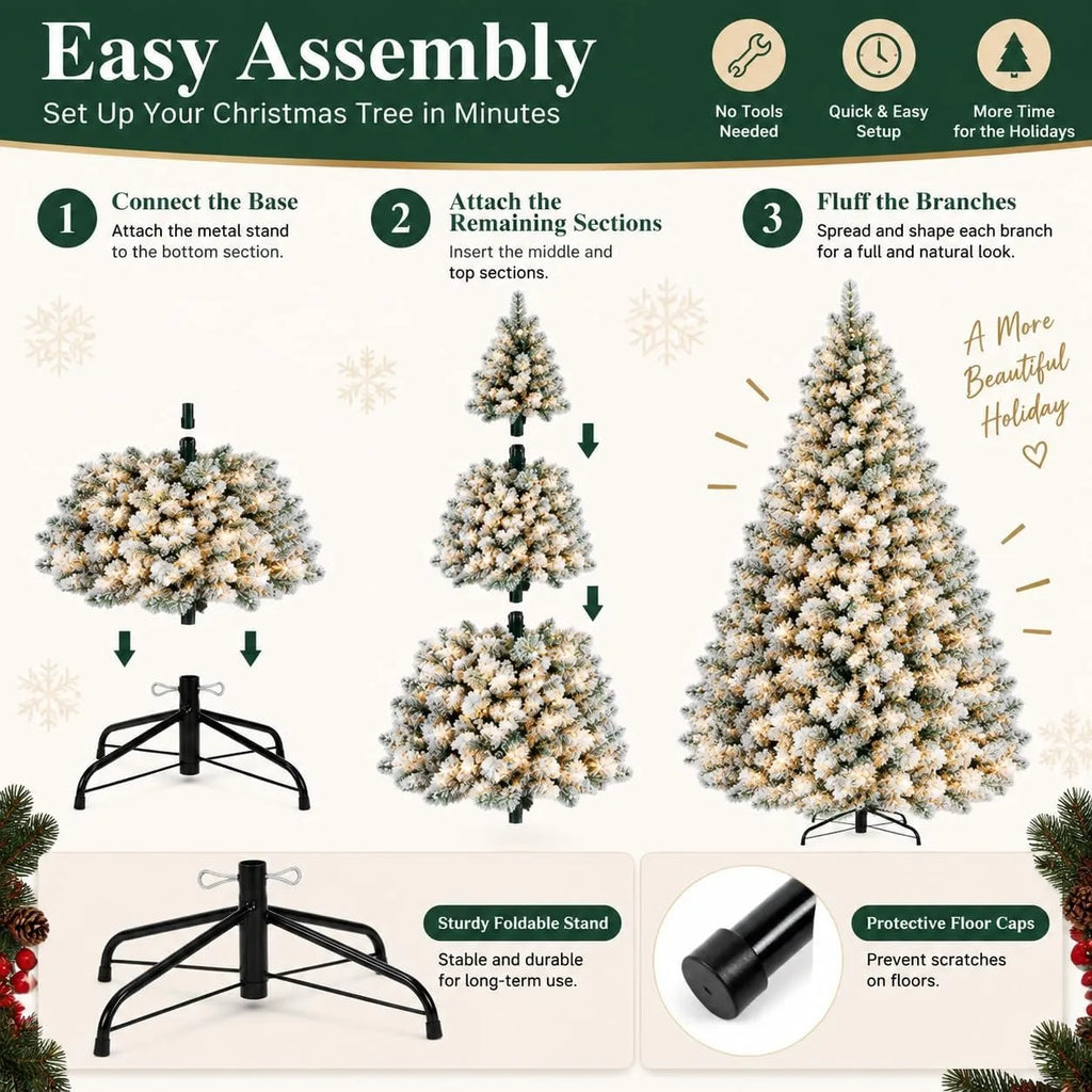 Prelit Artificial Christmas Tree with 100 Lights Snowflake Decorations Hinged PVC Branches Iron Trunk and Folding Metal Stand Green and White Holiday Decor for Living Room Home Christmas Party