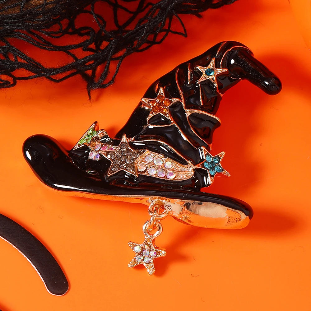 Vintage Wizard Hat Brooch Halloween Oil Drop Diamond Enamel Star Witch Hat Pin Accessories Halloween Accessories Jewelry