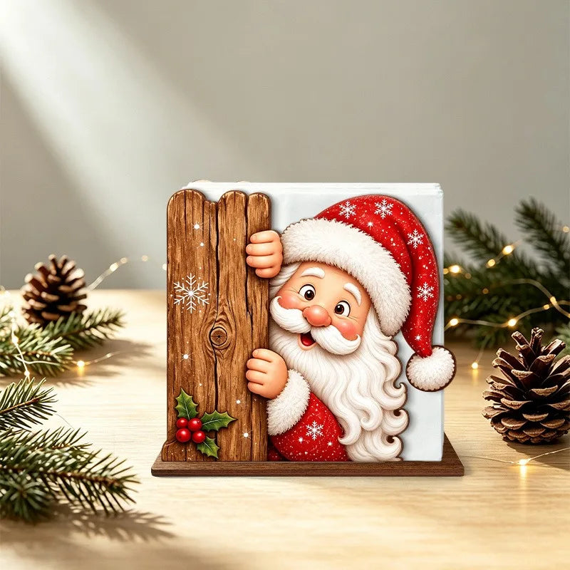 Santa Claus Wooden Napkin Holder Christmas Table Decor Desktop Tissue Storage Rack Xmas Party Dining Room Tabletop Decorations