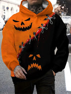 Men Halloween Stitch Pumpkin Face 3D Print Hoodie Split Black Orange Graphic Long Sleeve Pullover Sweatshirt With Pocket