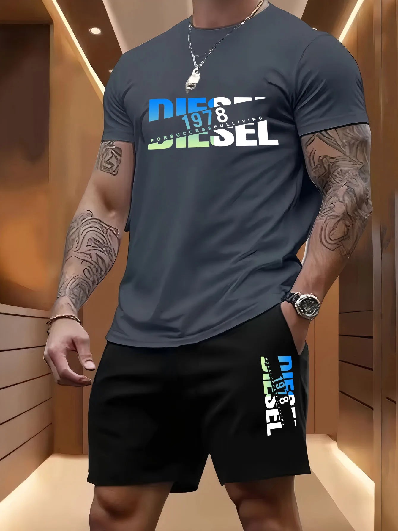 Summer men's casual two-piece set round-neck short-sleeved T-shirt and sports shorts for outdoor activities