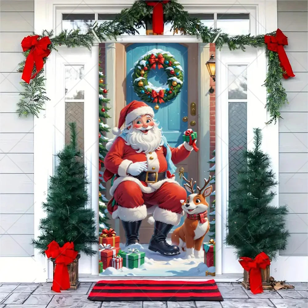 Christmas Theme Santa Claus Santa Dog Snowman Door Cover Banner Festive Party Decoration Supplies Photography Props Xmas Gifts