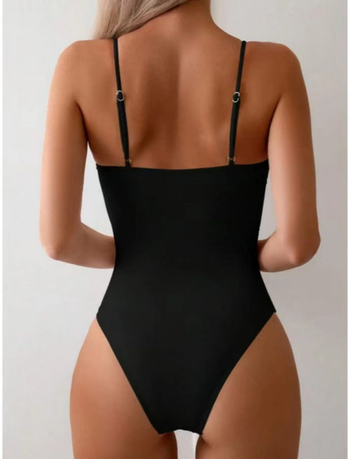 2438 Women One-Piece Swimsuit Cutout V-Neck Ruched Tummy Control Bathing Suit with Gold Chain Detail Beachwear