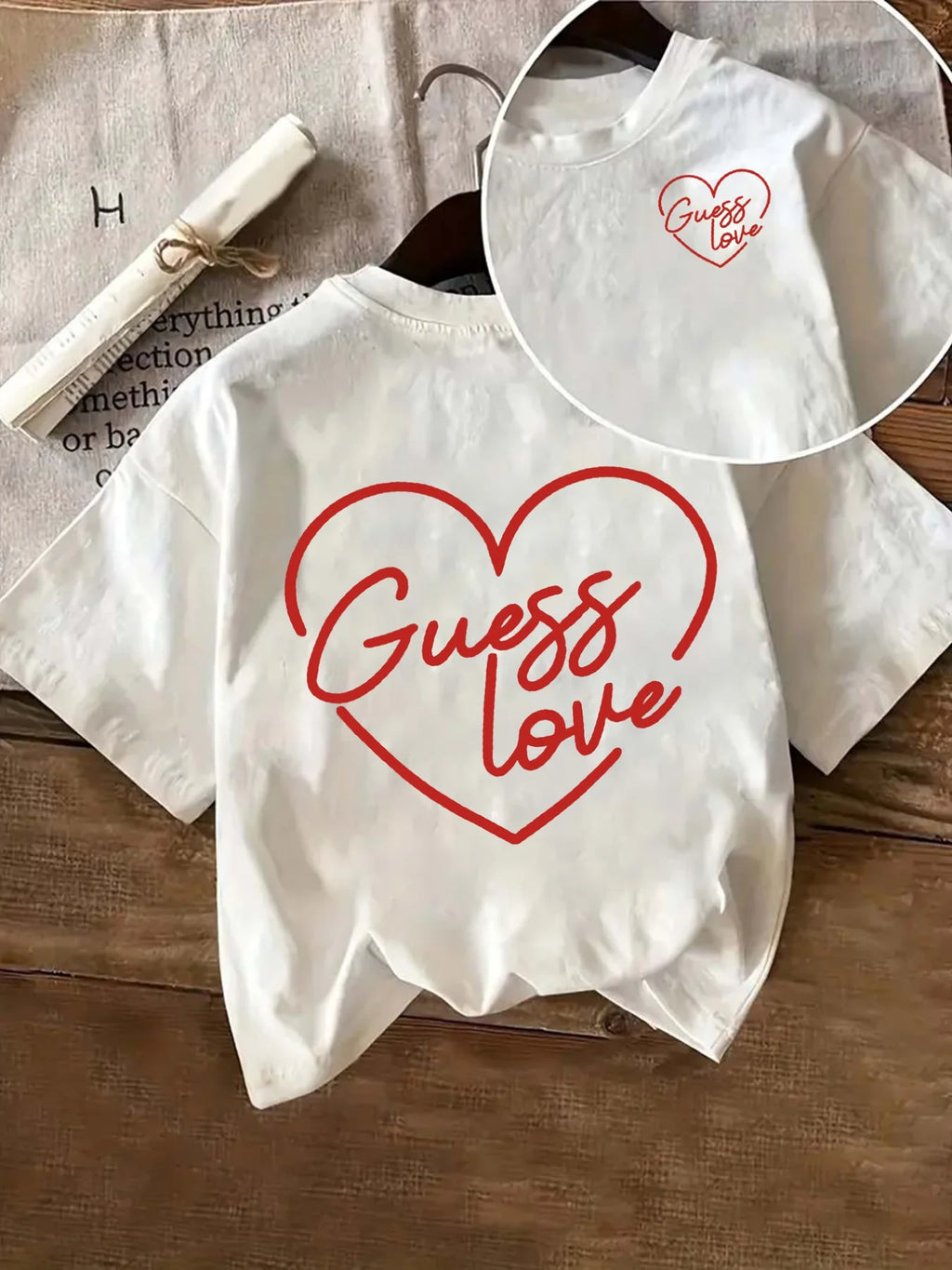 Women'S "Guess Love" Graphic Tee Casual White Short-Sleeve TShirt with Red Heart Design Summer Short Sleeved Harajuku Streetwear