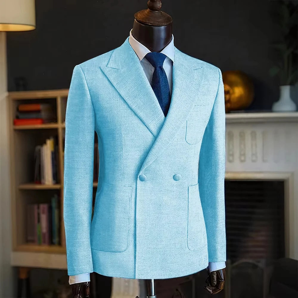 Luxury Men's Classic Suit Blazer Linen Double Breasted Notch Lapel Formal Groom Wedding Dress Jacket Lightweight Sport Coat
