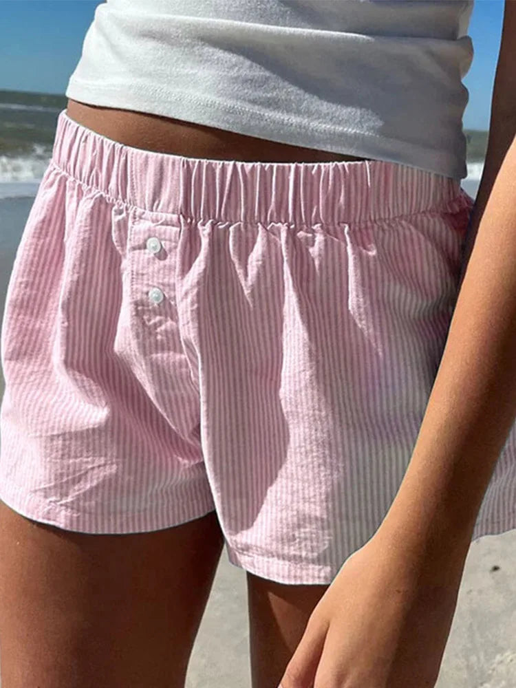 Striped Print Casual Shorts for Women Elastic Waist Fashion Button Bottoms Streetwear Chic Basic Y2K Loose Shorts