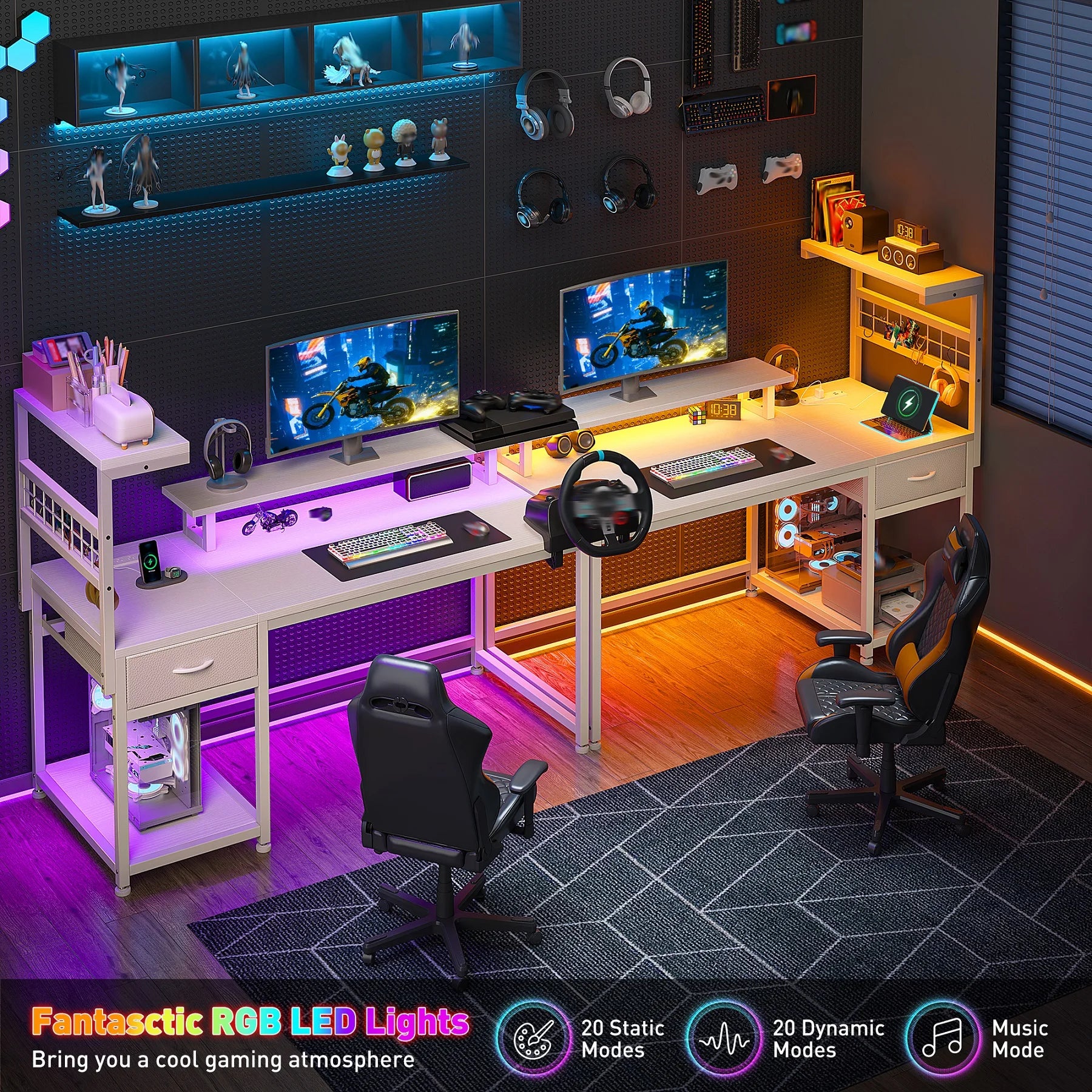 EnHomee 40"Gaming Computer Desk with Power Outlets RGB LED Lights Office Desk with Drawer Storage Shelves Monitor Stand For Small Space