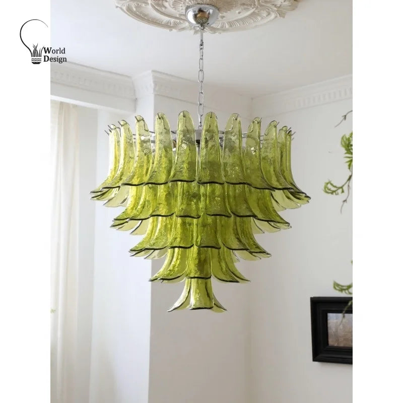French Murano Glass Chandeliers for Dining Room Bed Room Retro Green Glass Hanging Pendant Lamps for Lobby Kitchen Island Bar
