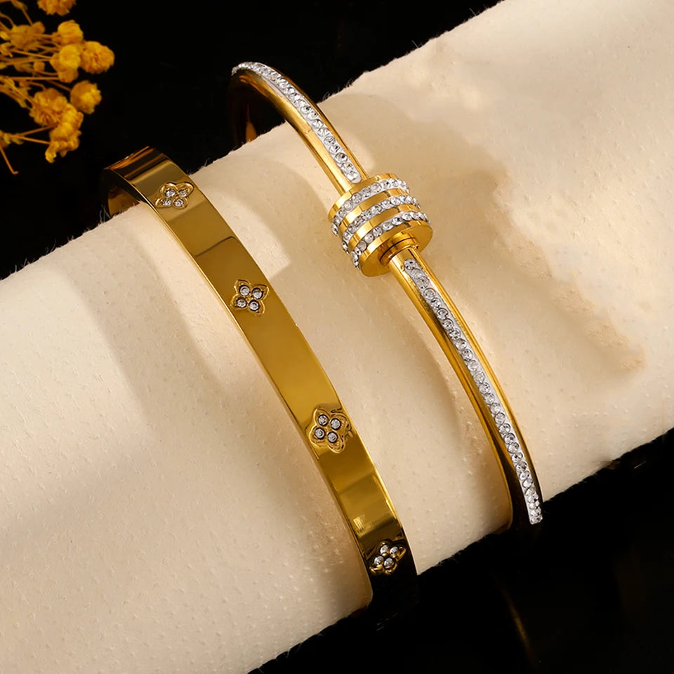 Yupsk 2Pcs/Set Sparkling Zircon Inlaid Stainless Steel Bracelet Waterproof Bangles Exquisite Valentine’s Day Jewelry Gift Women