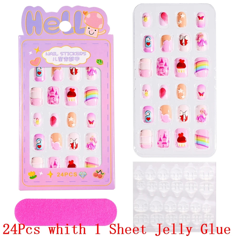 Children Press on Nails,24 Pcs Fake Nails Tips for Kids Acrylic Nails Pre-glue Full Cover Short False Nails Cute Fingernails