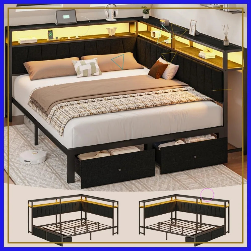 Queen Corner Bed Frame with Storage Drawers, LED Lights & Charging Station, Upholstered Metal Platform Daybed