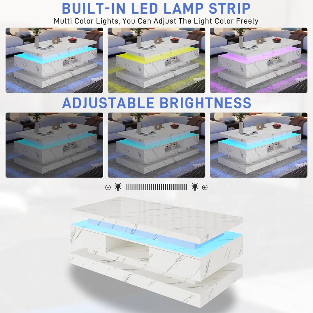 47.2 inch Modern High Glossy LED Coffee Table with 2 Sliding Drawers, Double-Layer Center Tables with LED Lights, Customized