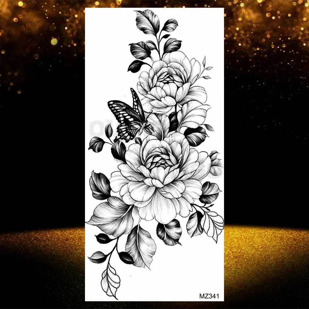 Realistic Black Rose Flower Temporary Tattoos Fake Waterproof Tatoo Body Art Arm Leg Floral Peony Bloosom Tattoo Stickers Makeup