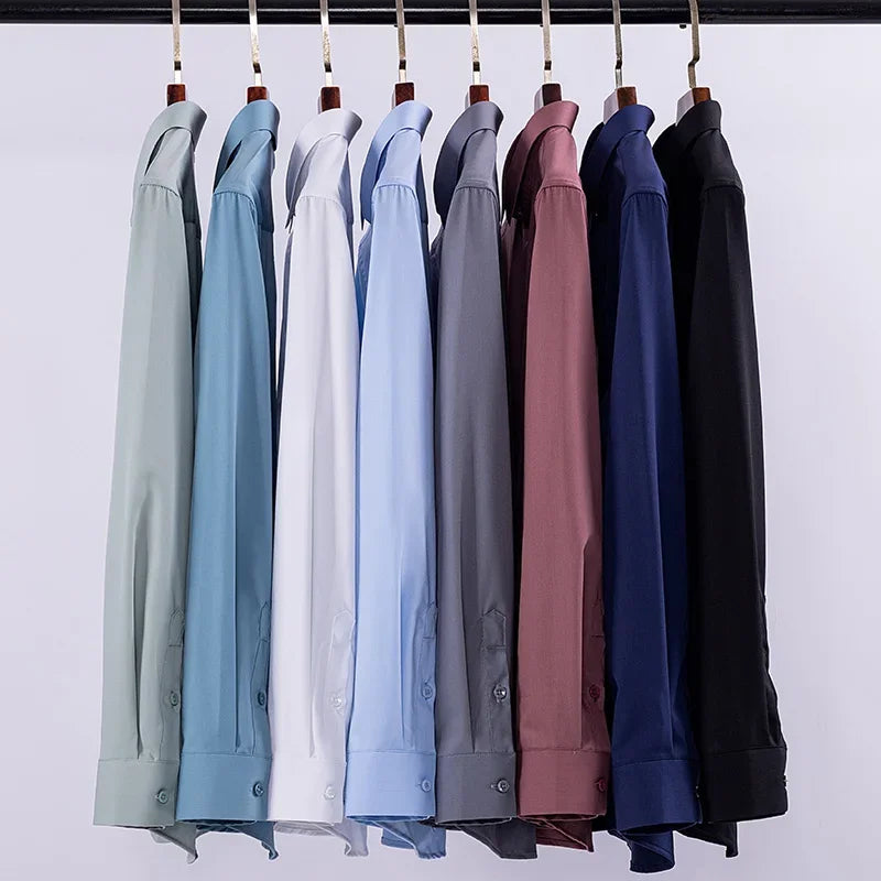 Spring Autumn Men Long Sleeve Shirts Business Casual Wrinkle Resistant Solid Color Formal Dress Slim Fit Work Social Shirt S-8XL