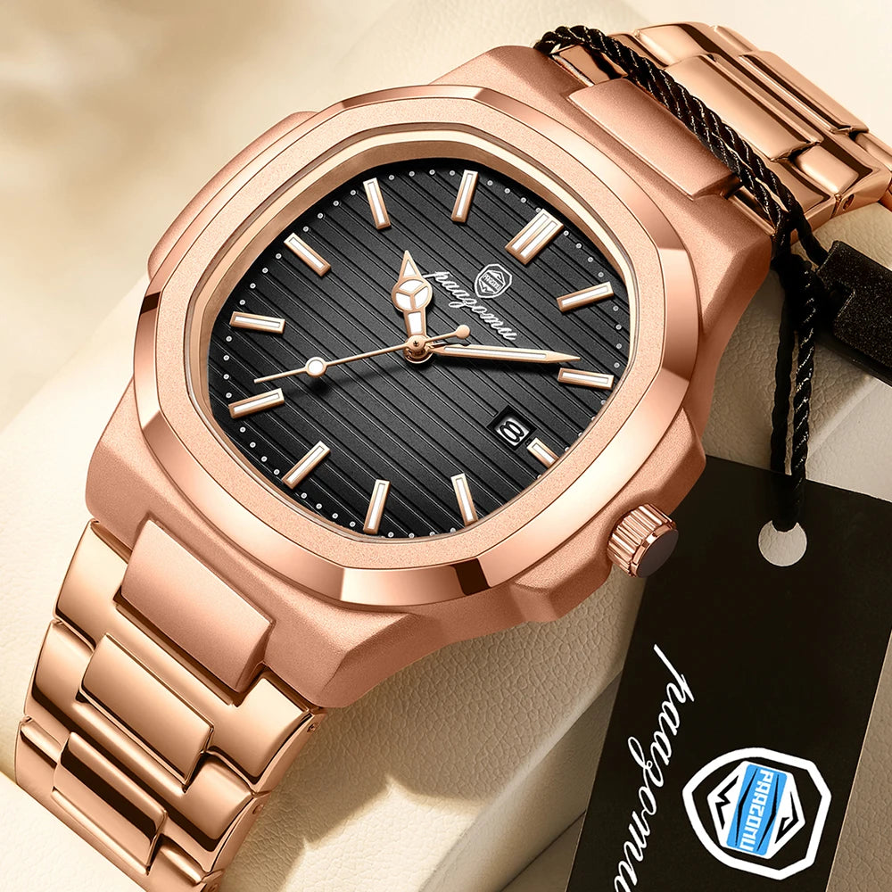 Business Men's Rose Gold Blue Striped Dial Watch Stainless Steel Strap Calendar Waterproof Quartz Sports Watch Birthday Gift
