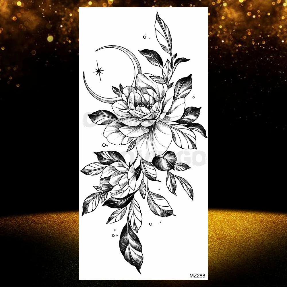 Realistic Black Rose Flower Temporary Tattoos Fake Waterproof Tatoo Body Art Arm Leg Floral Peony Bloosom Tattoo Stickers Makeup