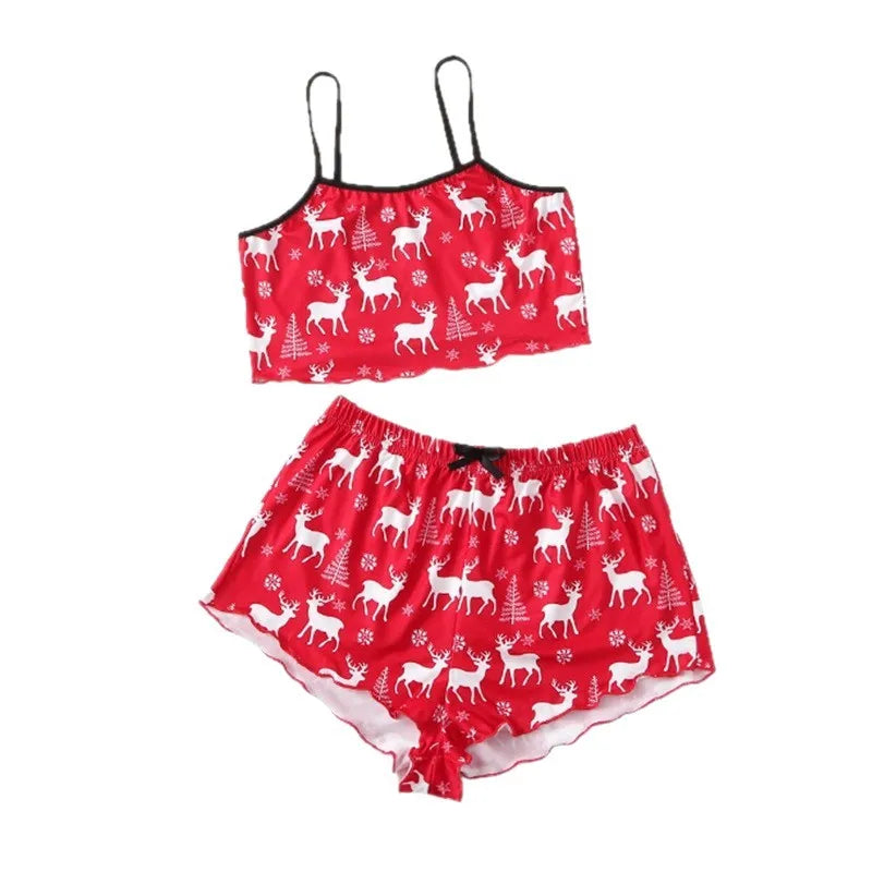 Santa Print Women's Sleepwear Soft Christmas Festival Cute Gingerbread Print 2 Pieces Pajama Set Crop Tops and Shorts Loungewear