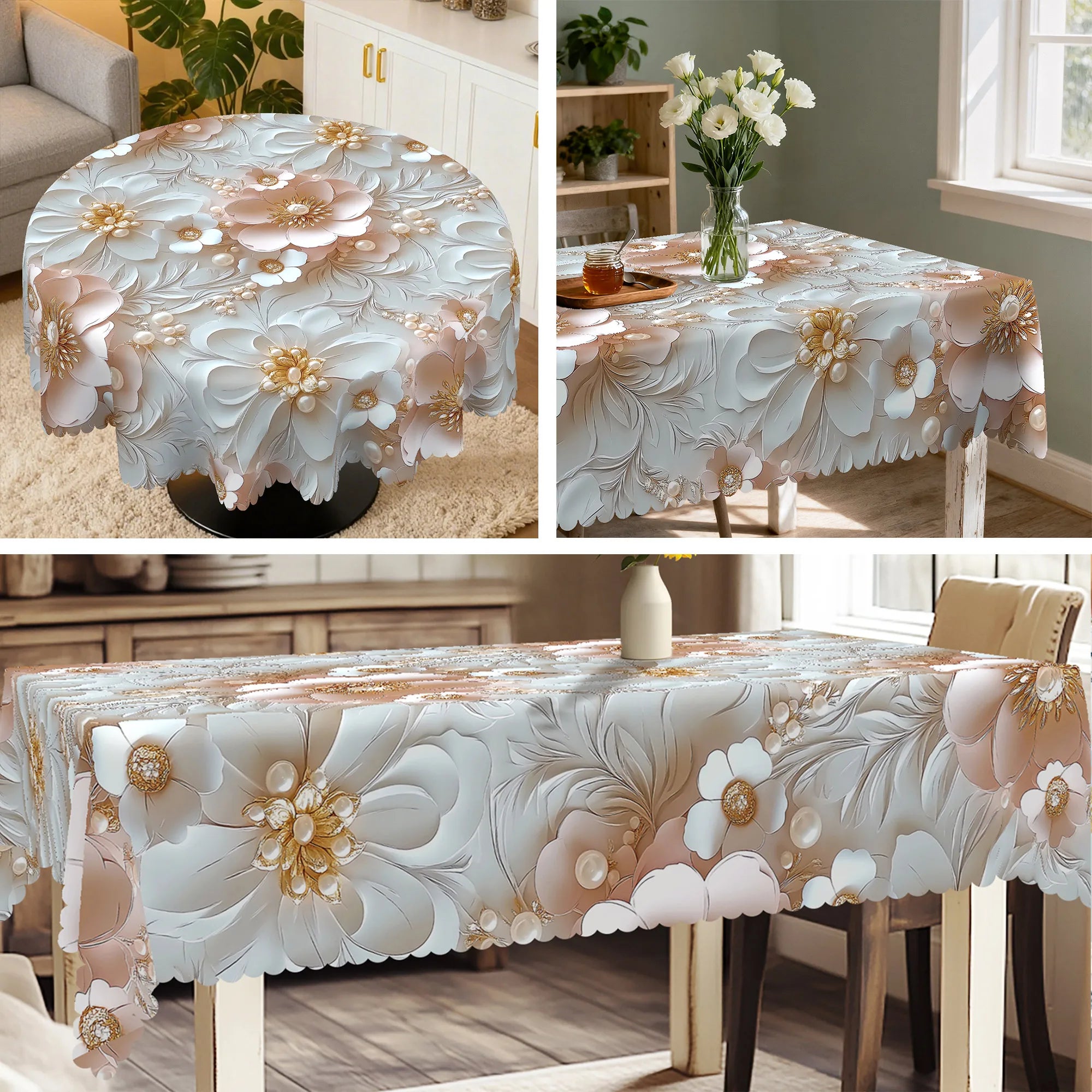 Elegant Floral-Themed Printed Tablecloth, High-Quality White and Gold Pattern, Embossed Edges, Durable, Waterproof, Oil-Proof, Stain-Resistant, Wrinkle-Resistant, Non-Fading, Machine Washable, Reusable, Perfect Gift for Famil