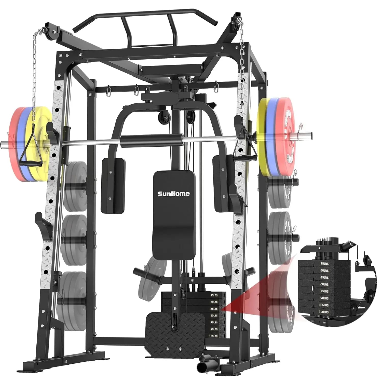 Smith Machine, Power Cage Squat Rack with Smith Bar, LAT Pull-Down Systems, Cable Crossover Machine and Cable, Customized