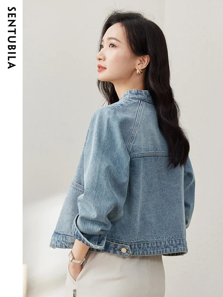 SENTUBILA Cropped Denim Jacket Coat For Women 2026 Spring Casual Stand Collar Long Sleeve Cotton Jeans Jackets Outwear W33W50369